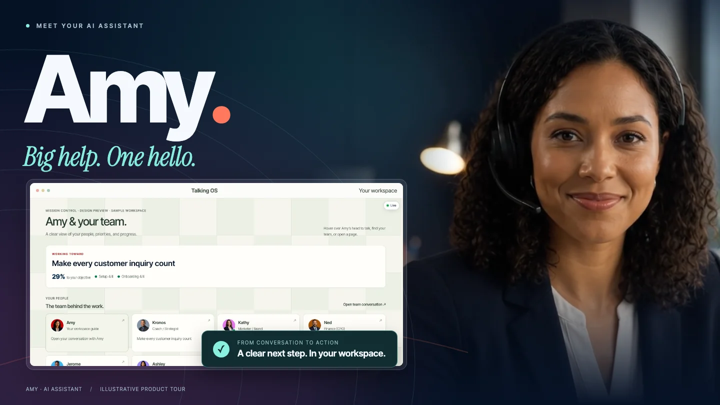Meet Amy, your AI assistant. Amy smiles beside the Talking OS workspace showing your objective and team. Big help. One hello. Illustrative product tour.